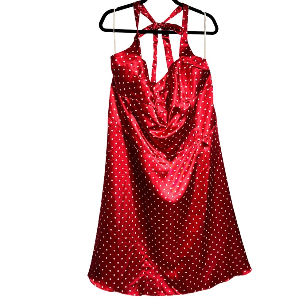 VTG Y2K Red Polka Dot Halter Dress Plus 5X Satin Pinup Retro Cosplay Rockabilly